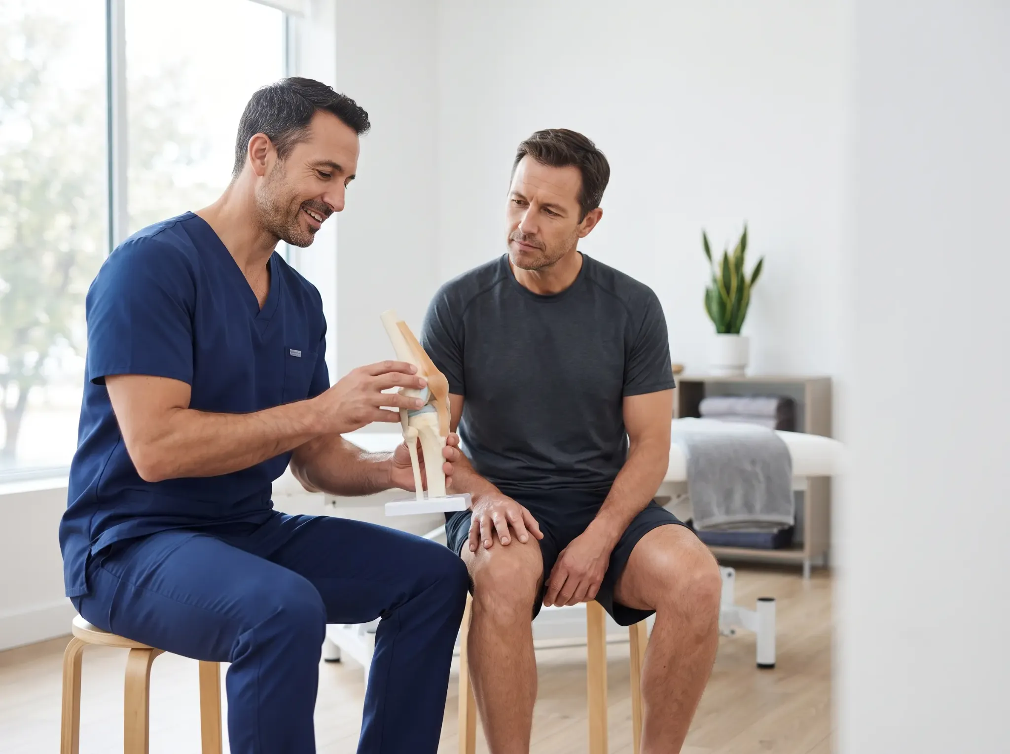 Physiotherapy professional explaining knee anatomy to an adult