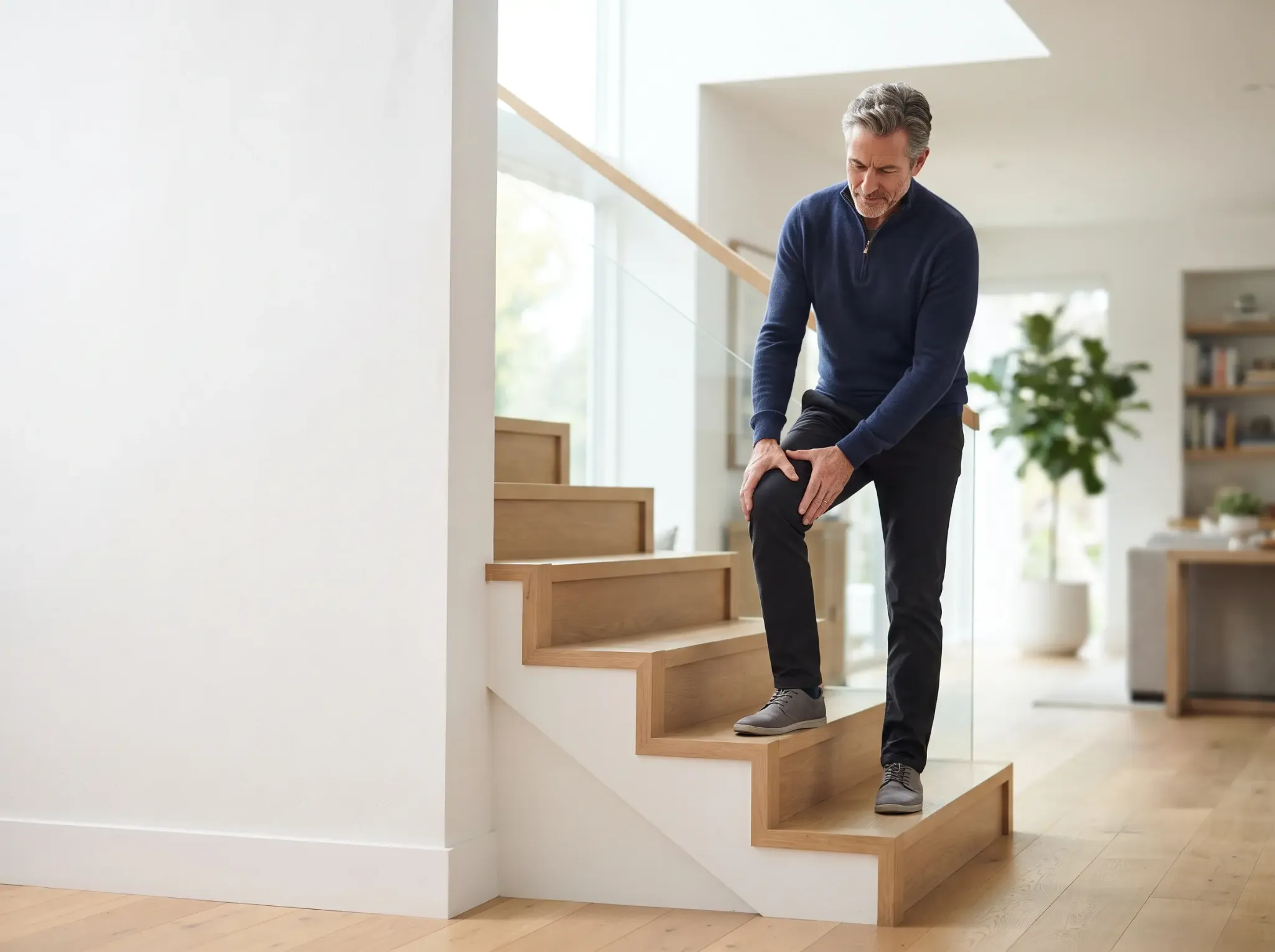 Adult pausing on stairs while experiencing knee discomfort